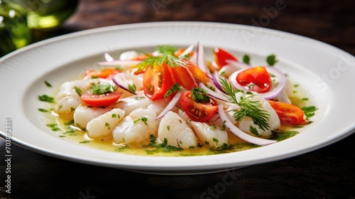 A captivating shot highlighting a modern twist on Peruvian ceviche. Tender morsels of fish are marinated in a refreshing blend of citrus juices and mixed with diced tomatoes and crisp cucumber
