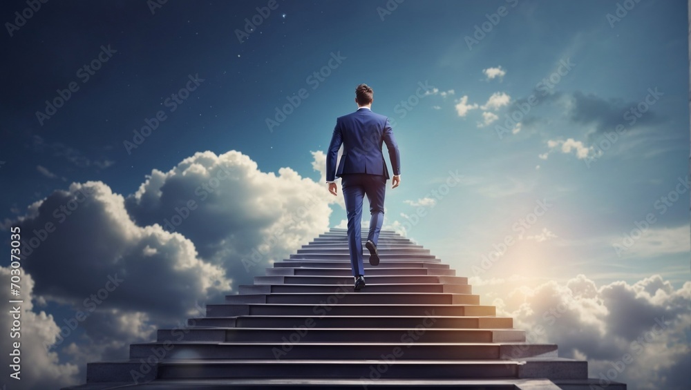 businessman walking up on stairs between clouds businessman walking up on stairs between clouds