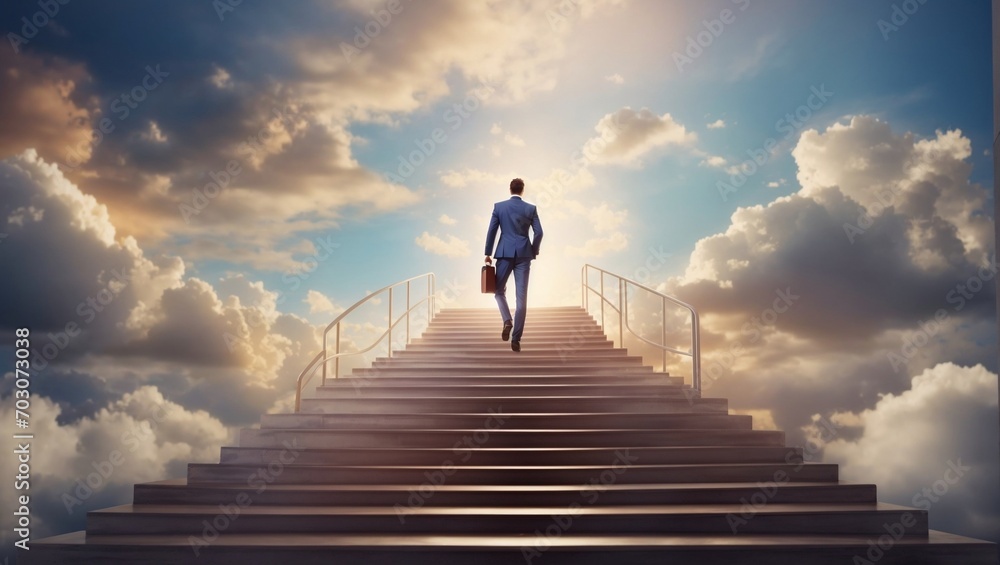 businessman walking up on stairs between clouds businessman walking up on stairs between clouds