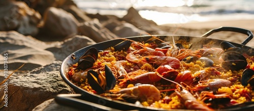 A classic Spanish seafood paella cooked in a paellera on the beach, with a touch of nostalgia. photo