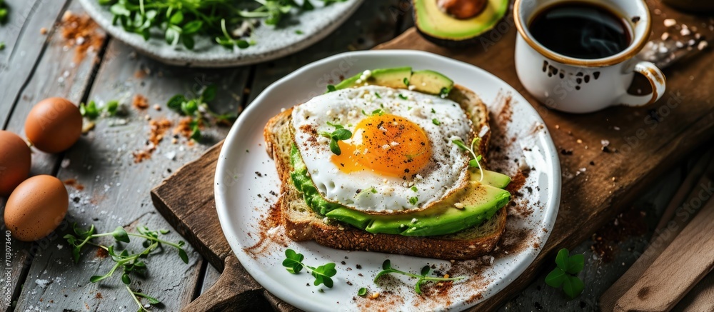 Avocado and fried egg on toast with coffee, a nutritious morning option