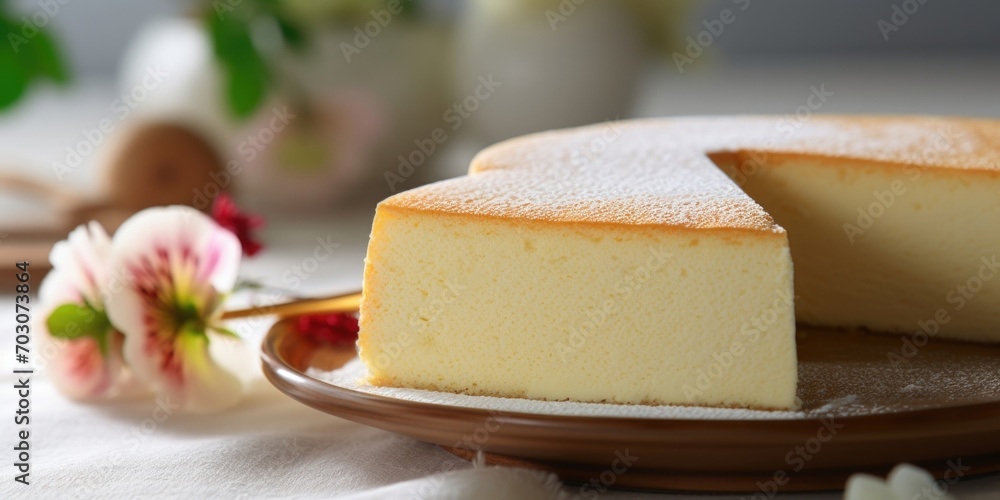 Slicing through the Japanese cheesecake reveals the elegance of its structure. The cloudlike texture betrays the unique baking technique that creates the cakes ethereal consistency.