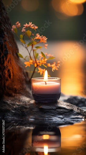 A Serene Candle Illuminating a Stone