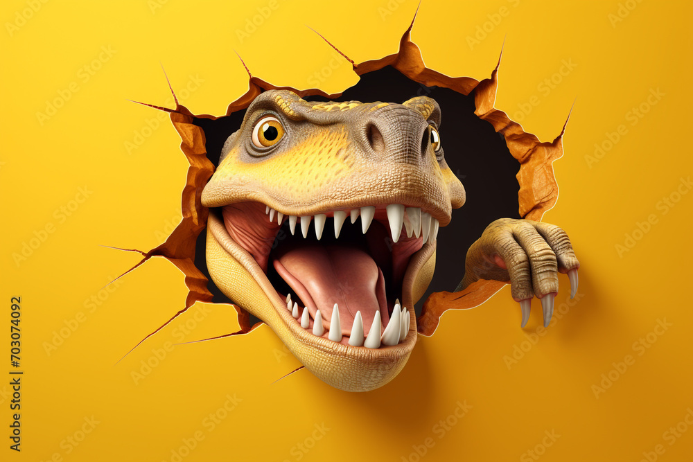 Cute T-Rex peeking out of a hole in the wall, torn hole, empty copy space frame, yellow background Cute T-Rex peeking out of a hole in the wall, torn hole, empty copy space frame, yellow background