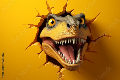 Cute T-Rex peeking out of a hole in the wall, torn hole, empty copy space frame, yellow background © Salawati