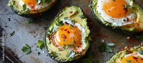 Avocado and eggs baked together, from above.