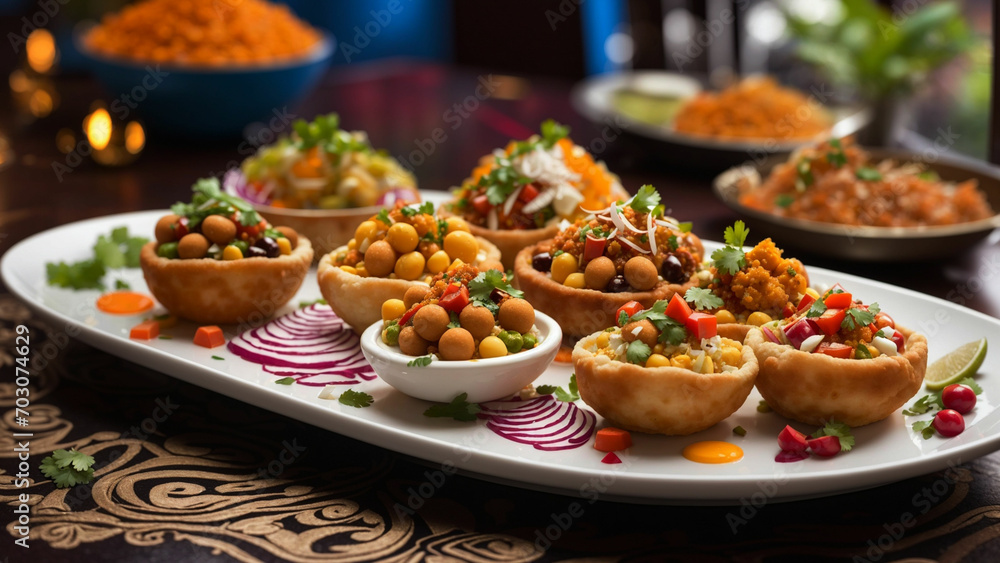 colorful Indian chaat delicacies, set against the backdrop of a stylish restaurant table