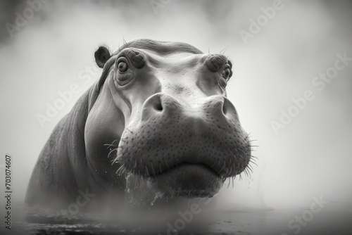 foggy black and white portrait of a hippopotamus 