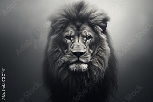 foggy black and white portrait of a lion