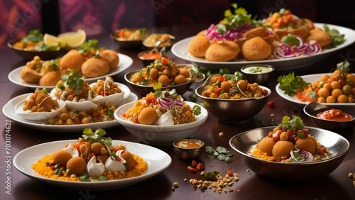 colorful Indian chaat delicacies, set against the backdrop of a stylish restaurant table photo