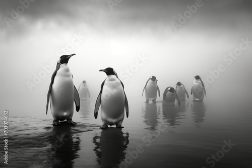 foggy black and white portrait of a group of penguins 