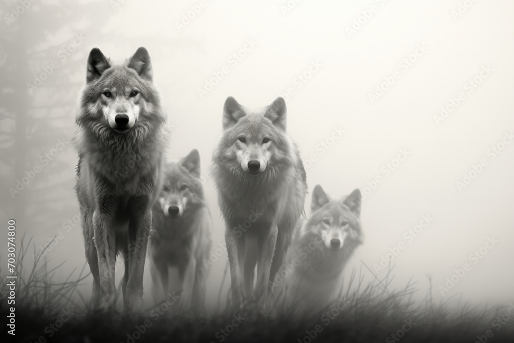 foggy black and white portrait of a pack of wolves foggy black and white portrait of a pack of wolves