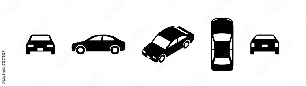 Automobile icon set. Front, side, top, back and isometric views. Solid style black color icons. Automobile icon set. Front, side, top, back and isometric views. Solid style black color icons.