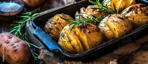 Baked potatoes with rosemary, rustic style. photo