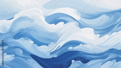 A painting of blue and white waves on a white background