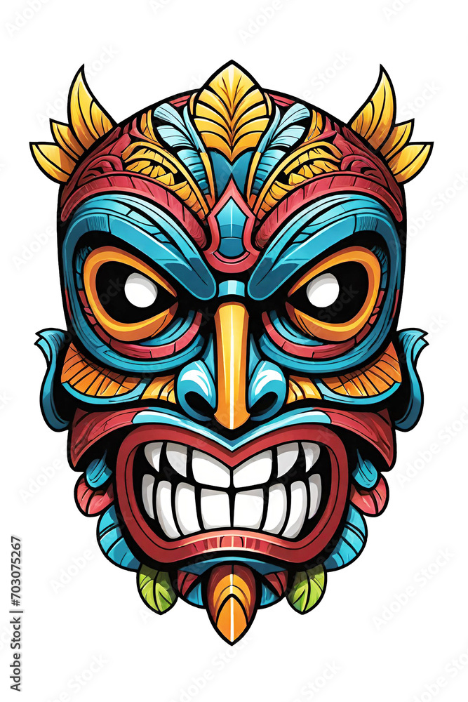 Fototapeta premium Tiki tribal mask with ethnic ornaments design on transparent background