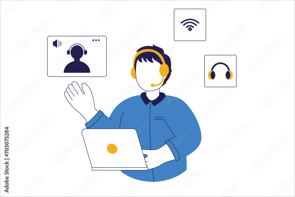 A male character holding a laptop is serving a customer A male character holding a laptop is serving a customer