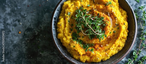 Turmeric split pea mash with herbs and olive oil, top view. photo