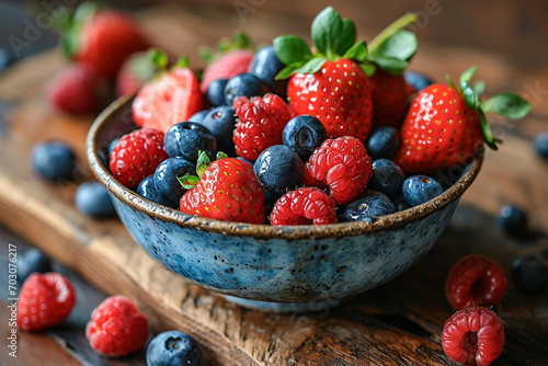 A colorful composition featuring a bowl of succulent berries        strawberries  blueberries  and raspberries        arranged in an enticing and appetizing display.