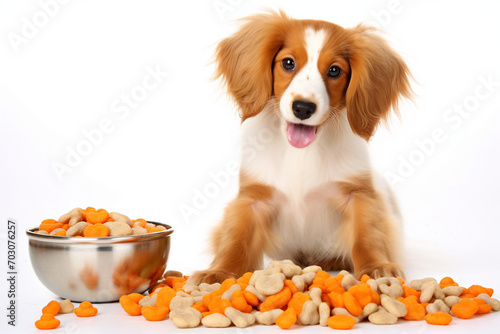 Adorable dog with dog food beside  white background