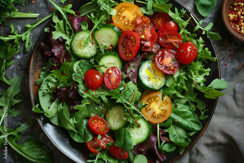 A visually appealing composition featuring a refreshing summer salad with mixed greens, cherry tomatoes, cucumbers, and avocado, drizzled with a zesty dressing. photo