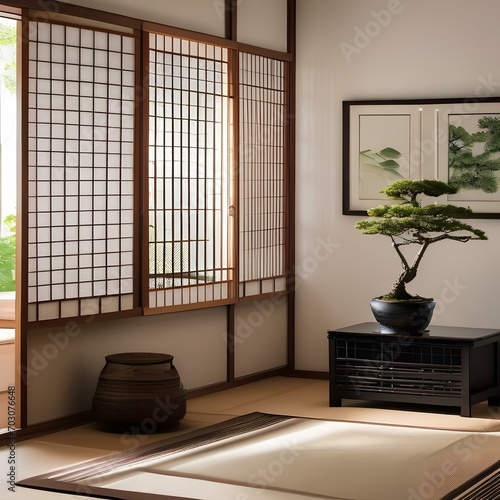 A Japanese-inspired room with shoji screens, low furniture, tatami mats, and bonsai trees1