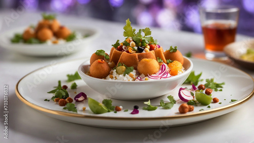 Showcase the beauty of Indian chaat on a pristine white plate, set on a restaurant table background