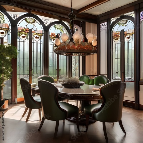 A luxurious art nouveau-inspired dining room with curved furniture, stained glass windows, and floral motifs2