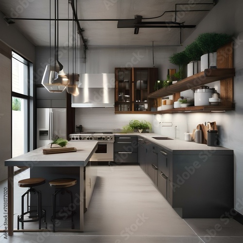 A modern industrial kitchen with stainless steel appliances, concrete countertops, and exposed pipes3