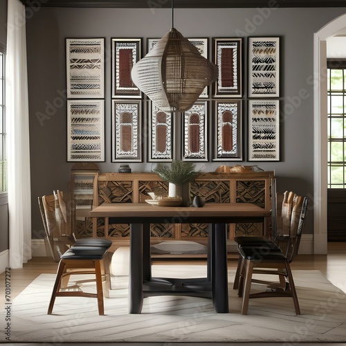 A global-inspired dining room with artifacts from around the world, tribal prints, and a mix of cultural elements3 photo