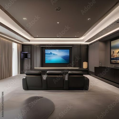 A high-tech entertainment room with a massive TV screen  surround sound speakers  reclining chairs  and a popcorn machine1