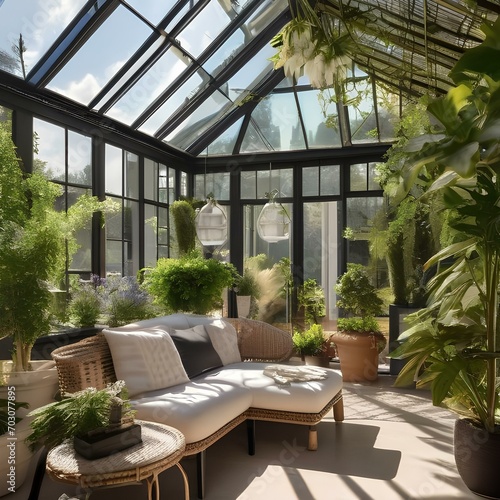 A sun-soaked conservatory with floor-to-ceiling windows  wicker furniture  potted plants  and hanging vines3
