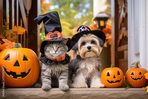 Cat and dog wearing Halloween costumes sitting on decorated porch 