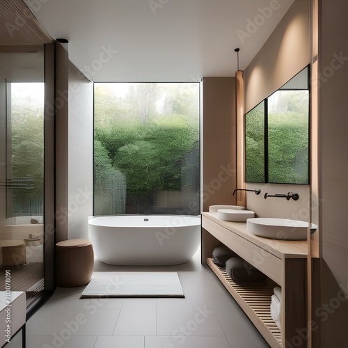 A minimalist spa-like bathroom with clean lines  natural materials  and serene  neutral tones2