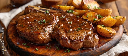 Homemade country-style steak with gravy and potatoes. photo
