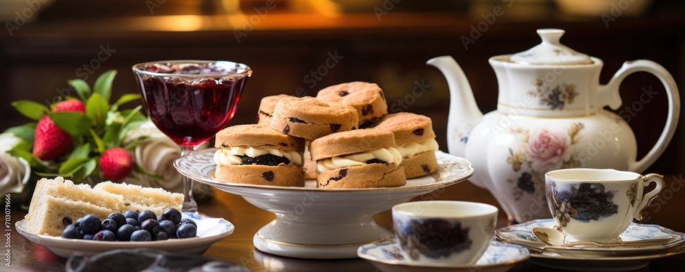 A tantalizing shot of a traditional British afternoon tea spread, complete with dainty finger sandwiches, freshly baked scones with clotted cream and jam, and a steaming pot of black tea,