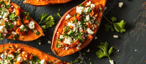 Closeup overhead view of baked sweet potatoes stuffed with feta and parsley. photo