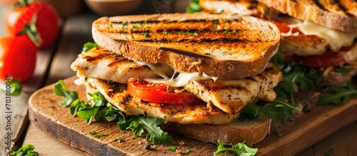 Grilled chicken sandwich with tomato and cheese.