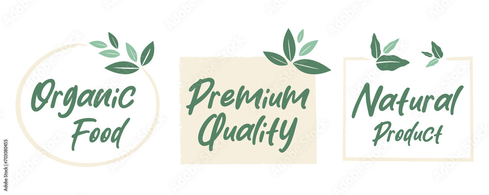 Organic food, healthy life and natural product labels and badges for food market, ecommerce, organic products promotion. - obrazy, fototapety, plakaty 