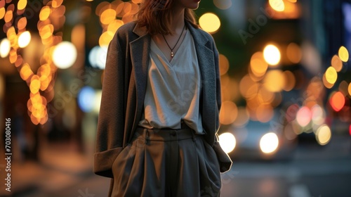 A stylish and comfortable outfit choice, consisting of an oversized grey blazer, a soft neutraltoned tee, and flowy wideleg trousers.