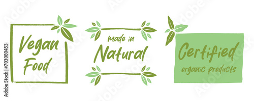 Organic food, healthy life and natural product labels and badges for food market, ecommerce, organic products promotion.