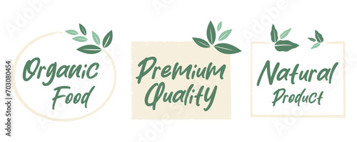 Organic food, healthy life and natural product labels and badges for food market, ecommerce, organic products promotion. photo