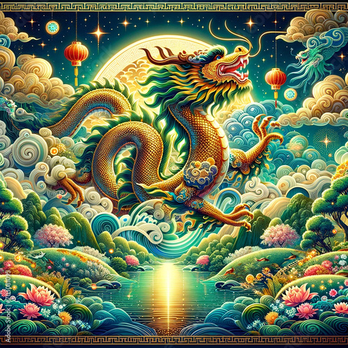 A majestic dragon symbolizing the Year of the Dragon in the Chinese Zodiac, set against a vibrant background representing prosperity and transformation © ricky