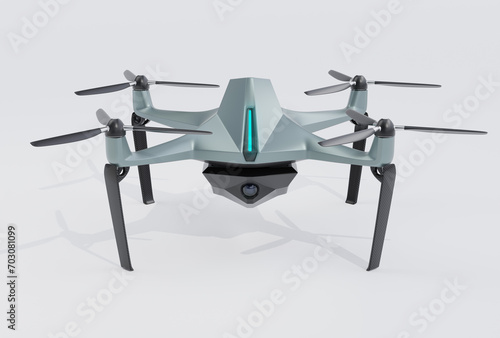 Front view of military drone equipped with surveillance camera parking on the ground. 3D rendering image. © chesky