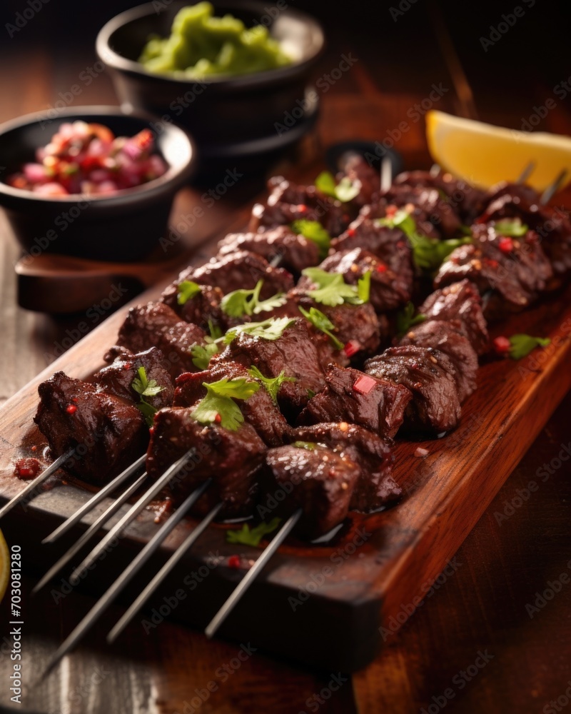 A striking photo showcases a tantalizing plate of anticuchos, a beloved Chilean street food. Skewers of succulent marinated beef heart are grilled to perfection, revealing a beautiful charred