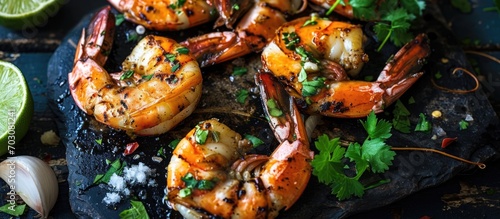 Grilled jumbo shrimp with garlic, lime, and parsley on a black stone slab. photo