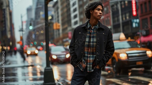 Sophistication meets comfort in this chic ensemble, featuring a refined wool varsity jacket, oversized flannel shirt, and sleek straightleg denim.
