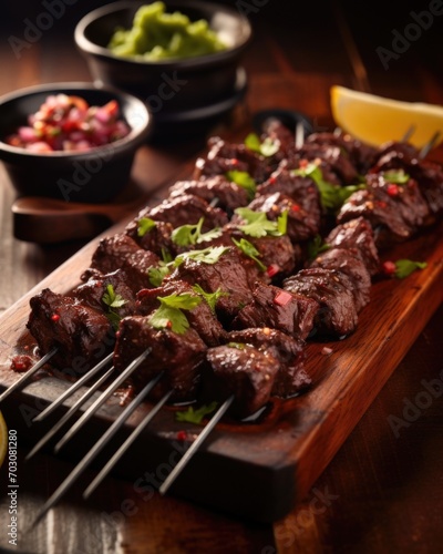 A striking photo showcases a tantalizing plate of anticuchos, a beloved Chilean street food. Skewers of succulent marinated beef heart are grilled to perfection, revealing a beautiful charred photo