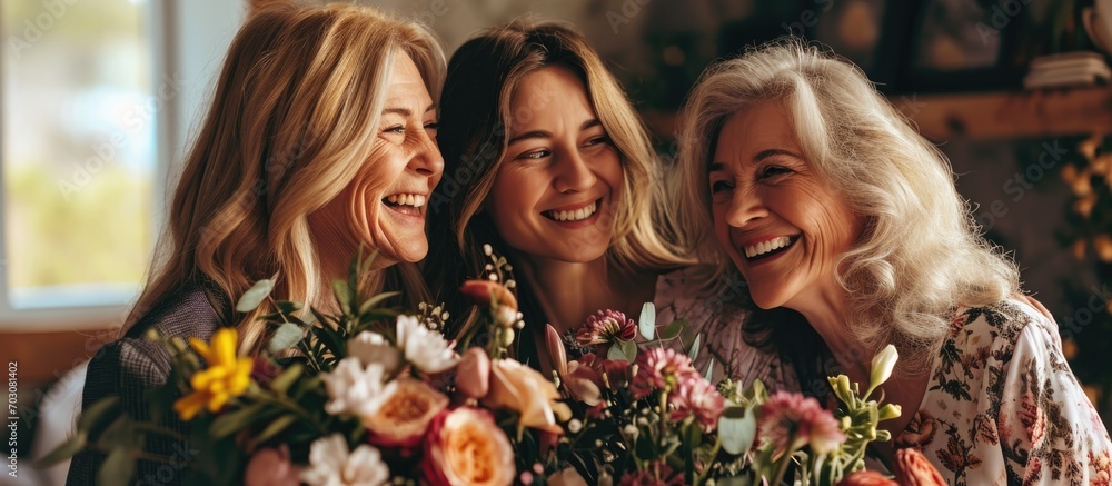 Three generations of women happily celebrate Mother's Day at home with flowers.