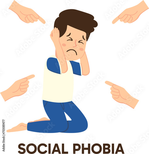 Male Cartoon Character with Social Phobia, Hands Pointing and Blaming, Mental and Emotional Health Disorder